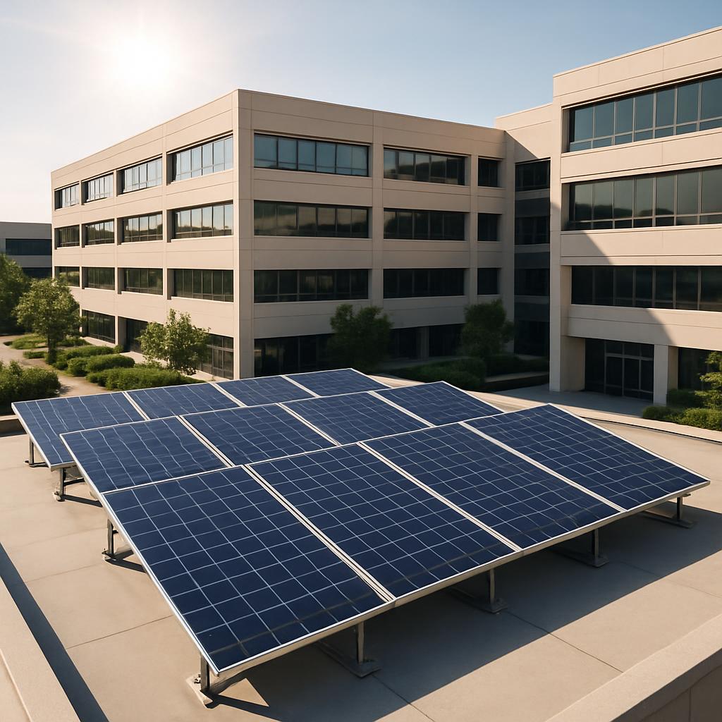 A large, modern-looking office building with solar panels on the roof.