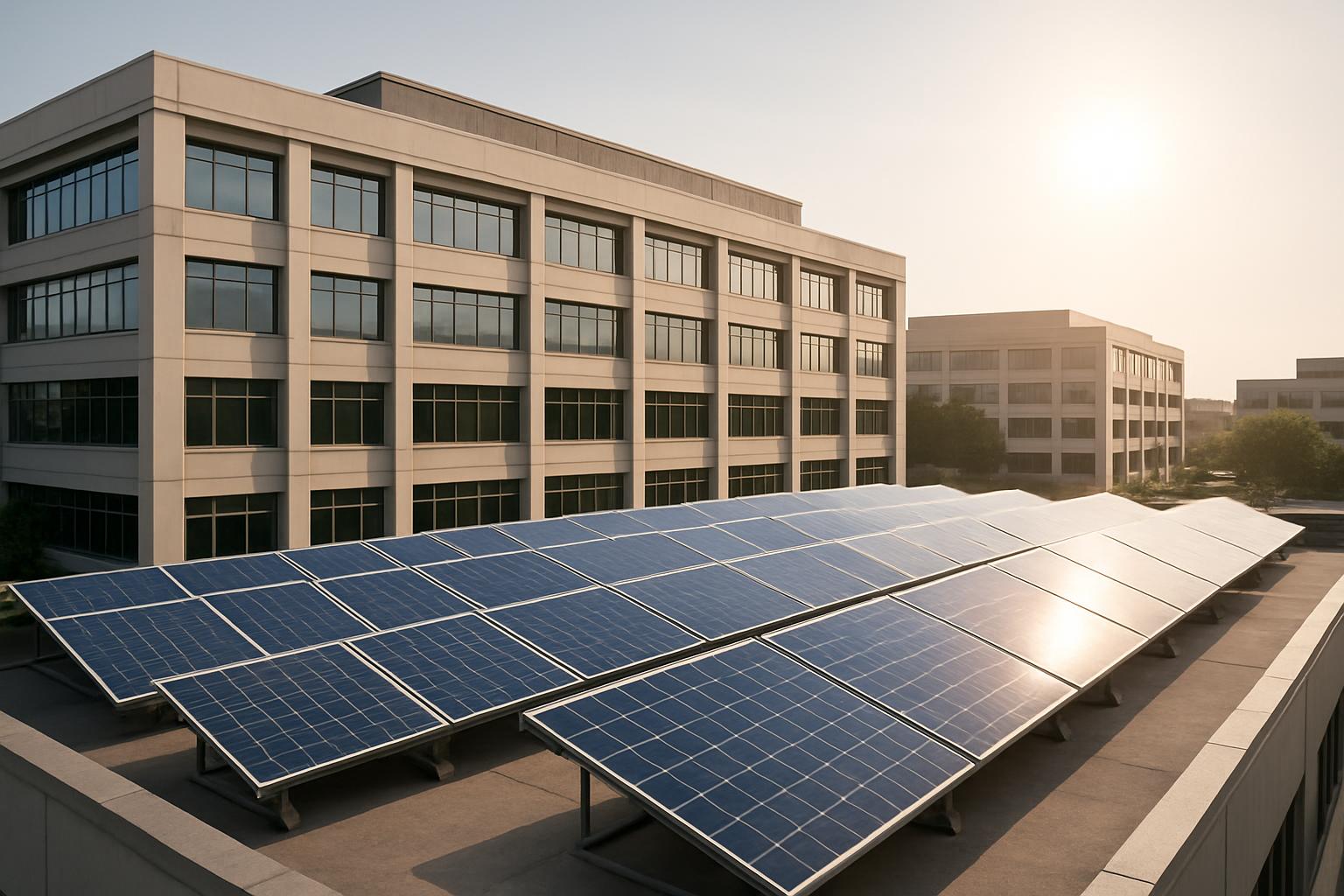 [view of solar panels mounted on flat-top roof in front of large, multi-story office building set against a clear, sunny e...