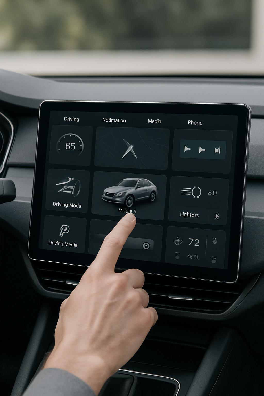 The alt text for the image is, "A person's hand touching the screen of an entertainment and infotainment system."