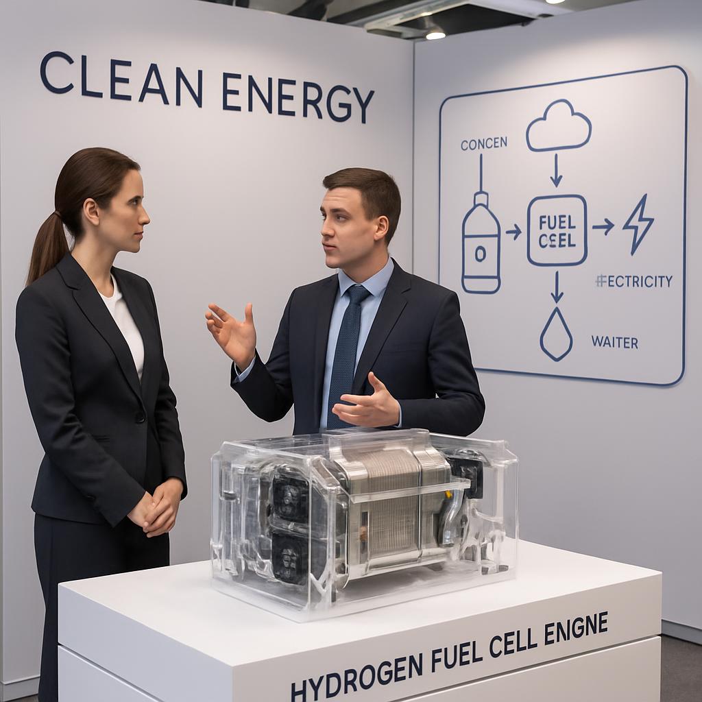 A man in a suit talks with a woman in a suit, next to a hydrogen fuel cell engine display with signing instructions.