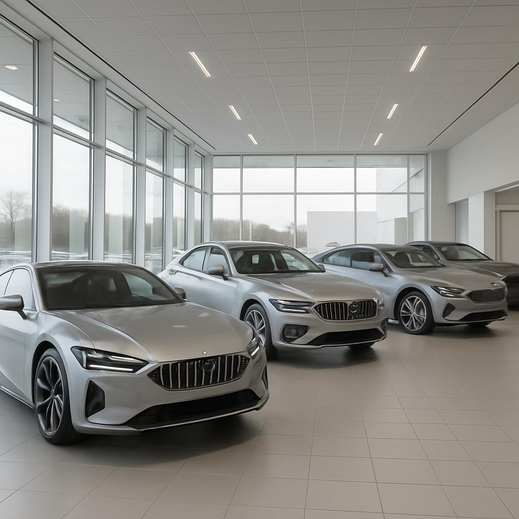 A showroom featuring several luxury silver cars parked in front of floor-to-ceiling windows.