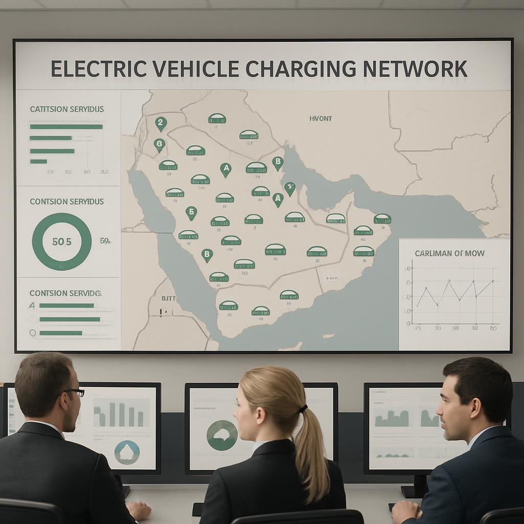 An office monitoring type graphic featuring electric vehicle fueling stations integrated with various office platforms.