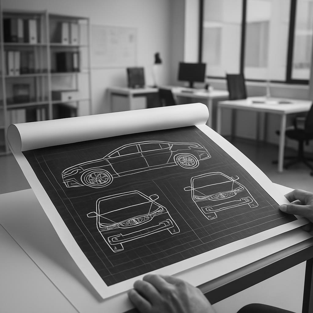 A coworker or architect is examining a blueprint featuring three cars in a lightly blurred office space environment.