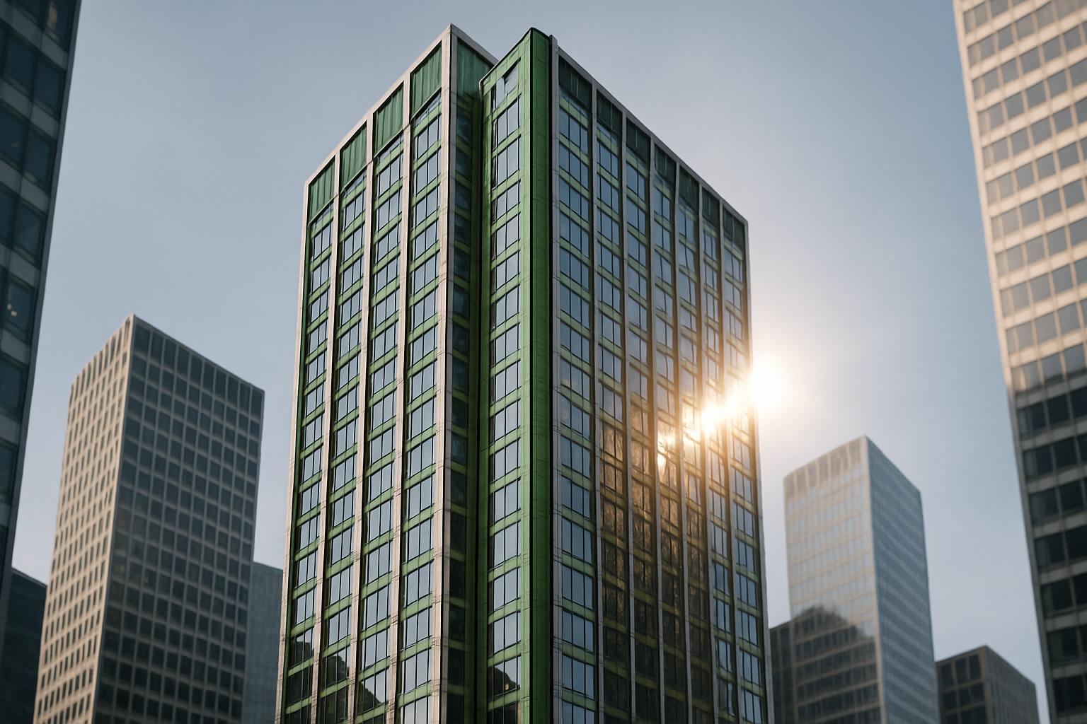 Cityscape with tall skyscrapers and sun peeking over one of them.