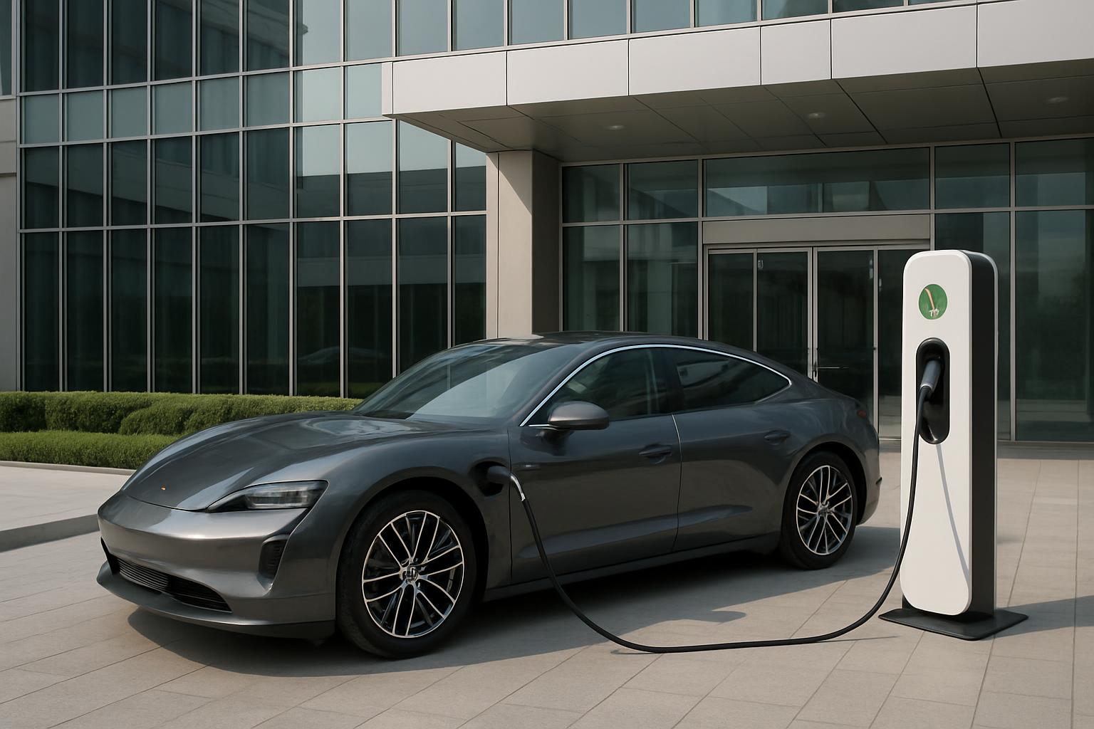 A dark gray sedan charges at a white and green electric vehicle charging station on a paved surface outside a modern build...